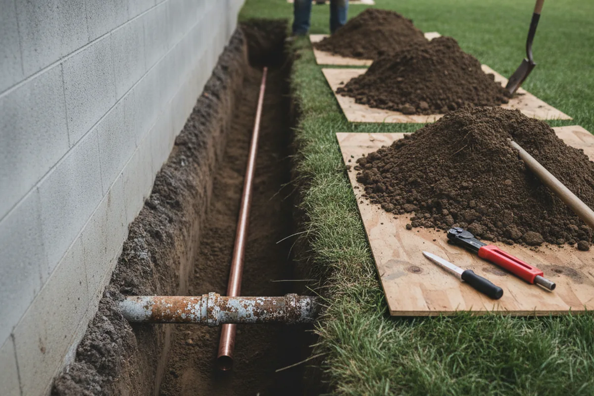 Excavated water line trench during Sewer Line Repair in Garfield
